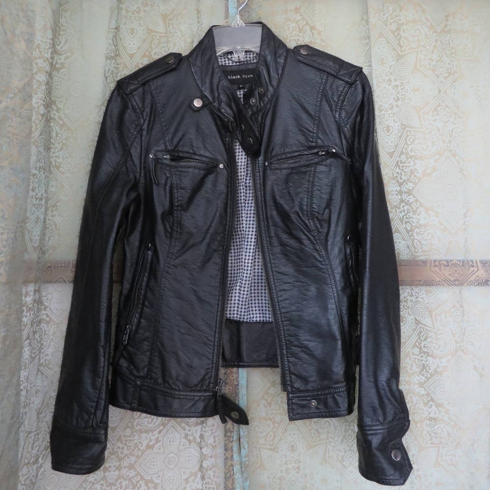 Black Rivets faux leather moto cafe racer jacket